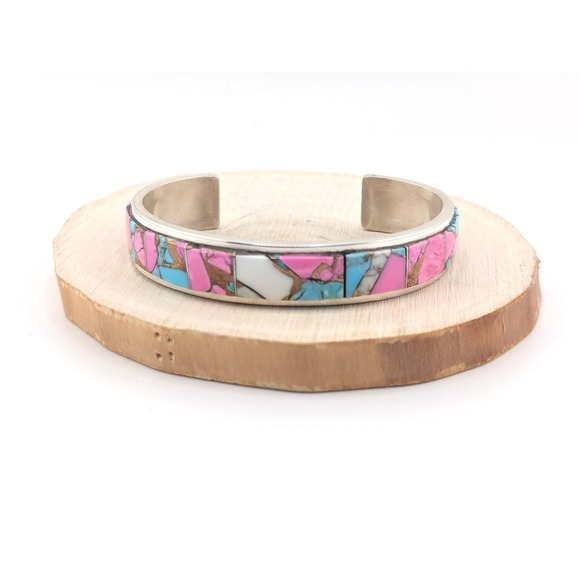 Handmade Navajo Cotton Candy Turquoise Inlay Cuff Bracelet Jewelry Sz 6.5in. ** - Picture 3 of 9